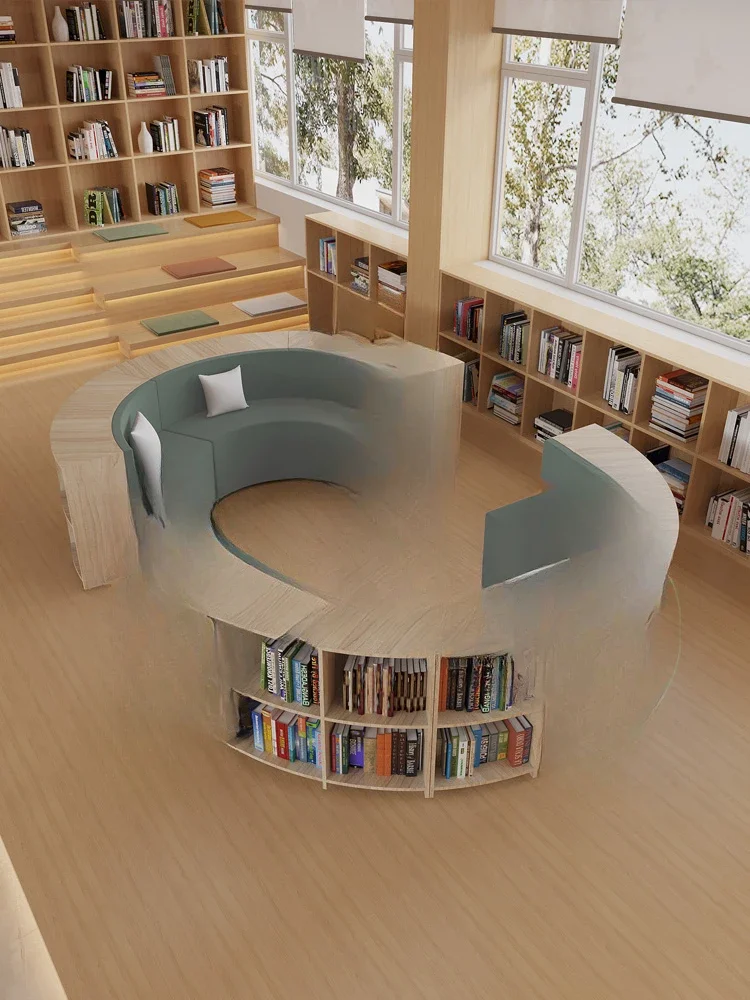 Creative S-shaped library bookshelf integrated curved sofa picture book library school storage
