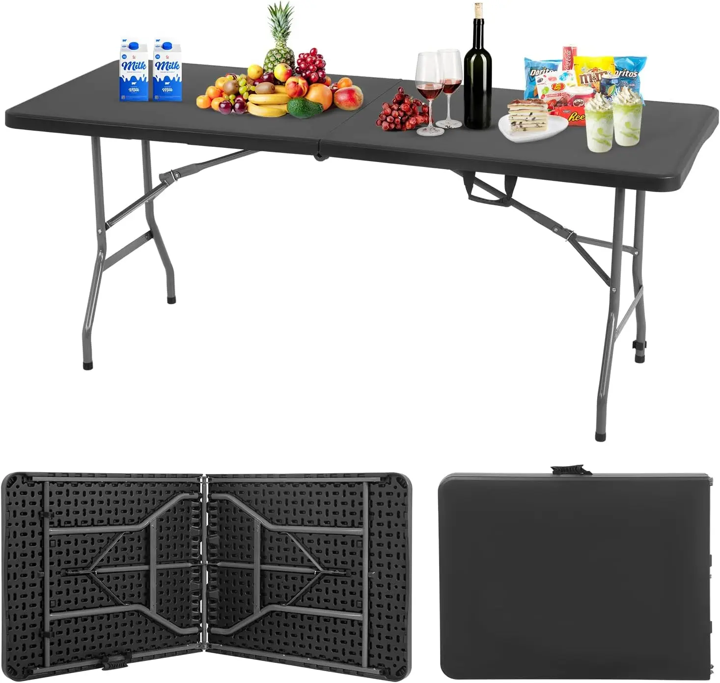 

6 FT Folding Camping Table - Heavy Duty Plastic, Portable, Square, Black, 400 lbs Capacity