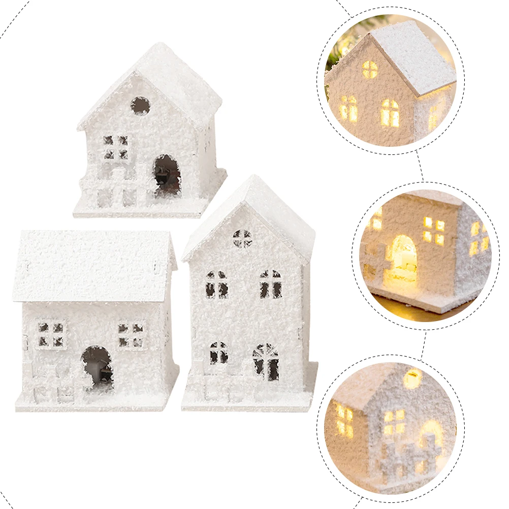 3Pcs Christmas Light House Luminous Wooden Cabin Ornaments Snow Small Village Xmas Decoration For Home 2025 New Year Gift