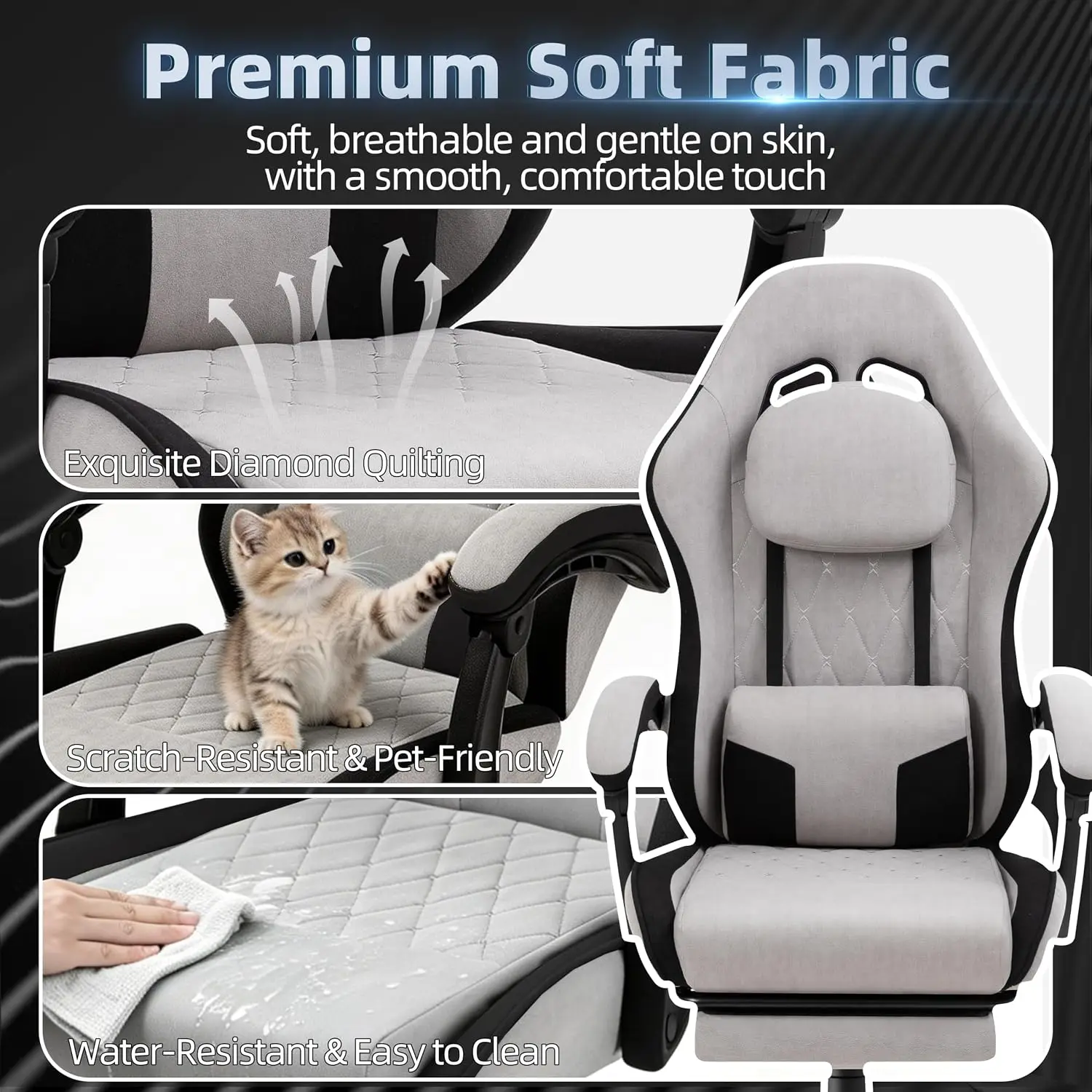 Gaming Chair for Adults, Fabric Gaming Chair with Footrest and Pocket Spring Cushion, Ergonomic Gamer Chair with Lumbar Support, Reclining Computer Gaming Chair with High Back, Grey image 5
