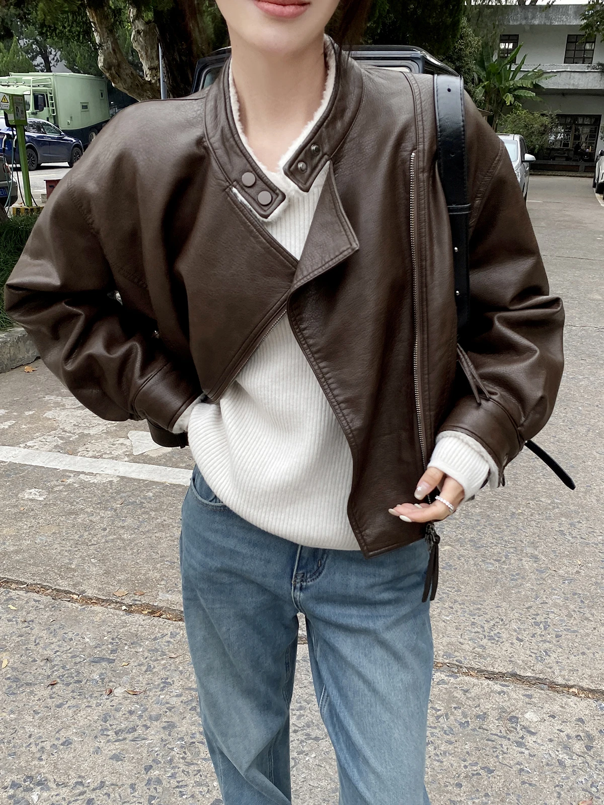 

Экологичная куртка из искусственной кожи с воротником-стойкой, теплая, в байкерском стиле, с длинными рукавами, на молнии, для молодежи