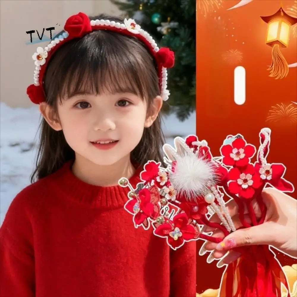 

Elegant Red Chinese Style Headband Plush Ball Pearl Flower Ancient Headwear Cute Tassel New Year Hair hoop Girls