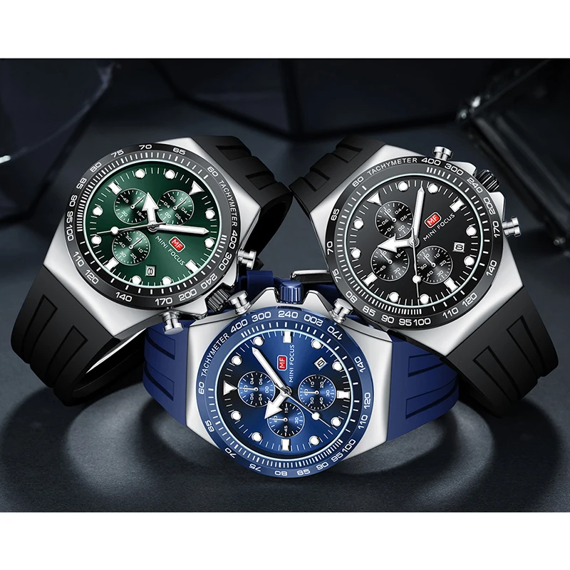 MINI FOCUS MF0488G Sports Fashion Watch Blue Silicone Strap Luminous Hands 3 ATM Waterproof Men Quartz Watches