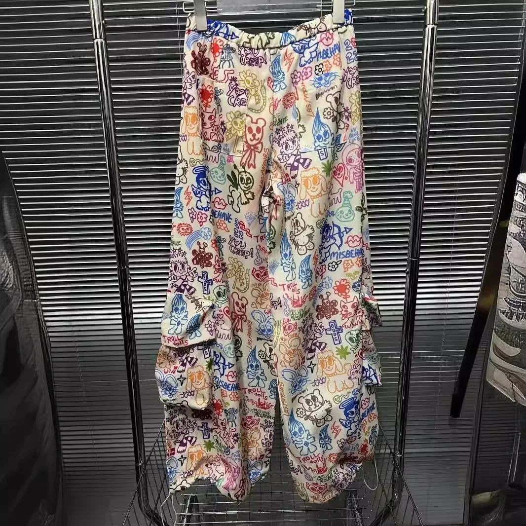 American color retro casual pants hand-painted graffiti overalls women's autumn new high waist loose wide leg casual pants
