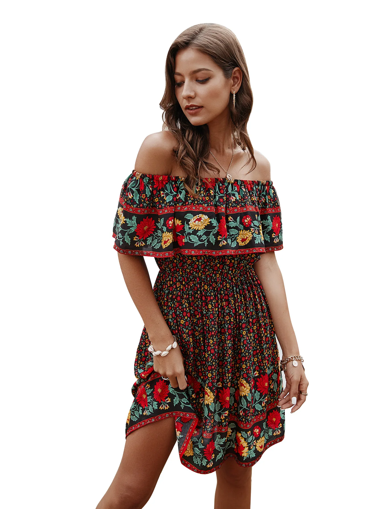 Schulterfreies Minikleid mit Blumendruck für Damen, Rüschenausschnitt und gesmoktem Taillendesign