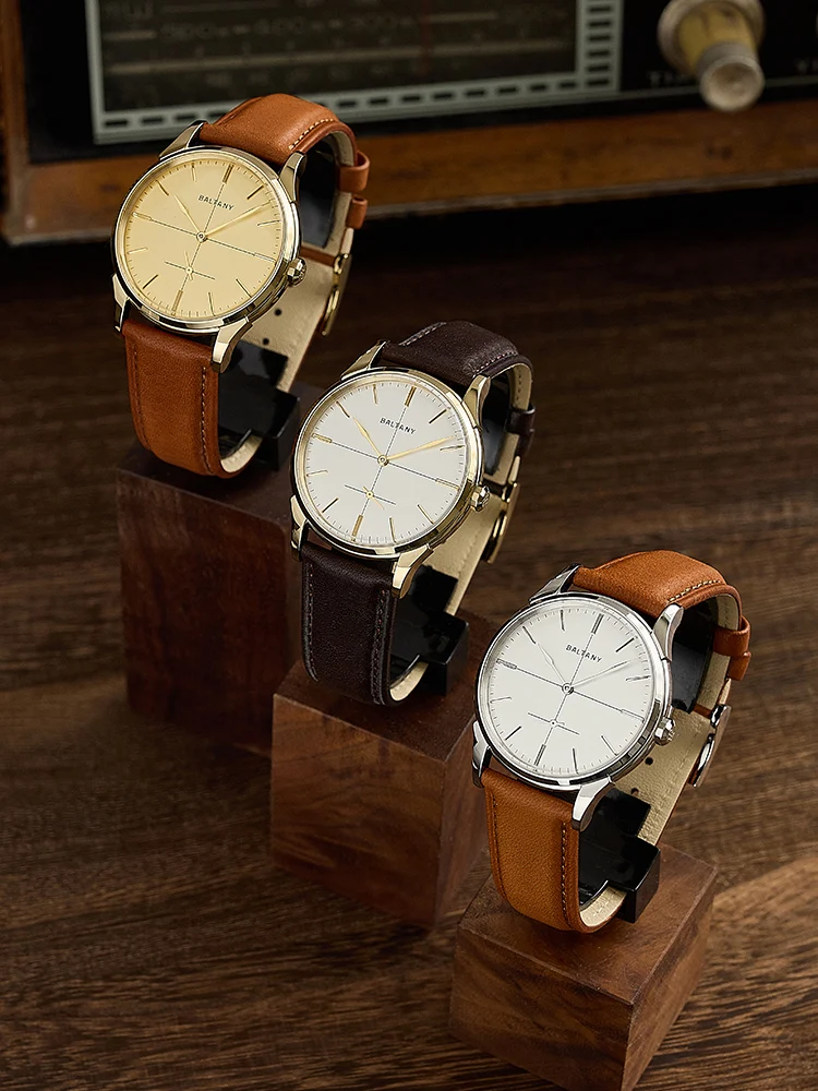 Baltany S4092 38mm Schlanke Vintage Dress-Uhr Elegantes Zifferblatt mit Fadenkreuz Kleine Sekundenanzeige Saphirglas Lederarmband Formelle Büro- und Alltagsuhr – Detail 1