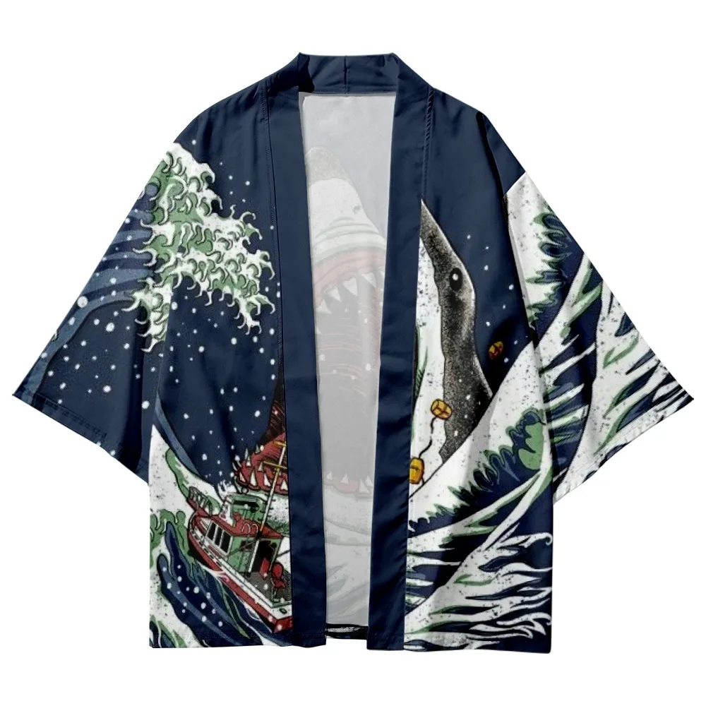 Wave Shark Printed Traditional Japanese Haori Kimono Shorts Women Men Asian Streetwear Cardigan Yukata Samurai Clothing