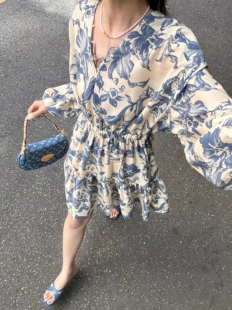 

SIVOS High-End Women's V-ne Floral Print Waist-cinching Dr Ele Commute Sle A-line Skirt ort Length Long Sve