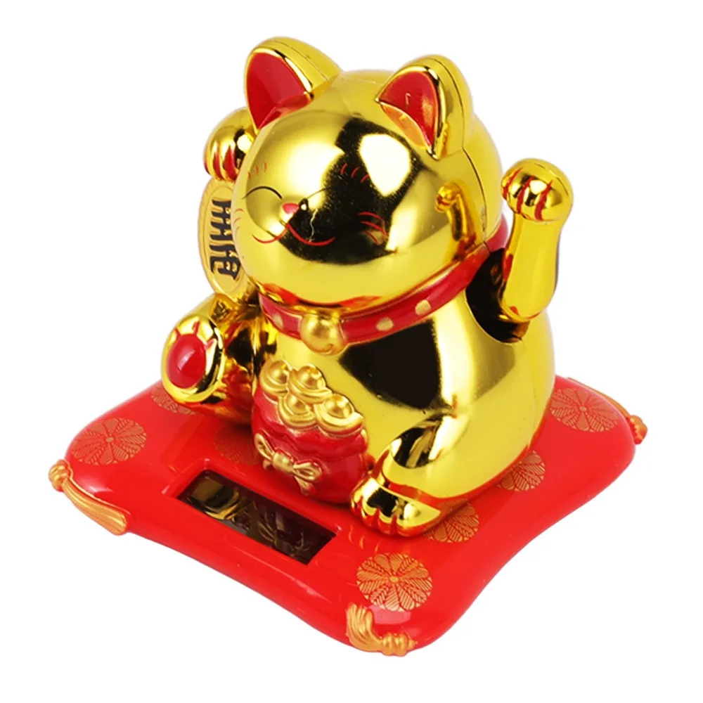 Plastic Solar Waving Fortune Cat Gold Lucky Cat Light Induction Cat Ornament 2.5in Battery-free Solar Operation