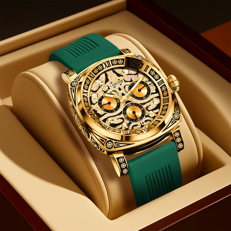 

A men's green tape casual elegant Roman numeral exquisite embossed quartz wristwatch