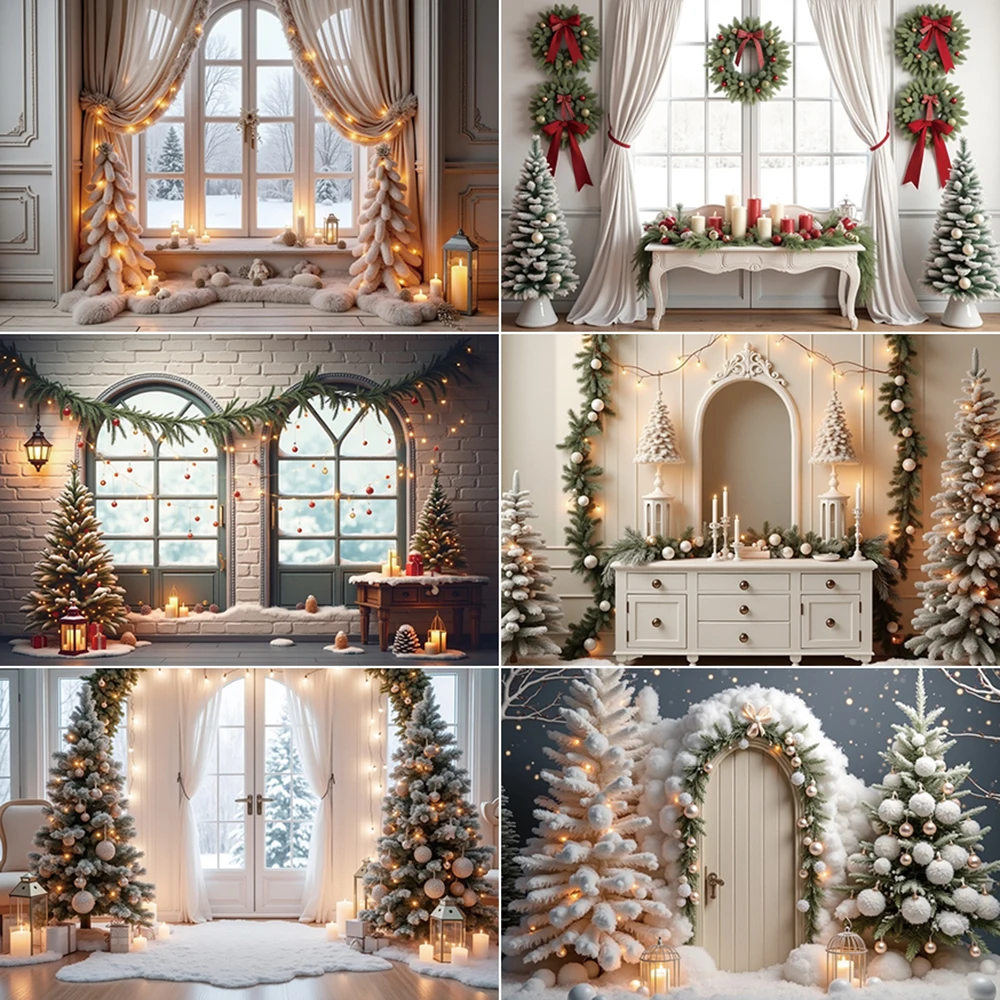 

MOON.QG 2025 Christmas White Curtain Window Background New Year Xmas Tree Photography Backdrop Professional Studio Accessories