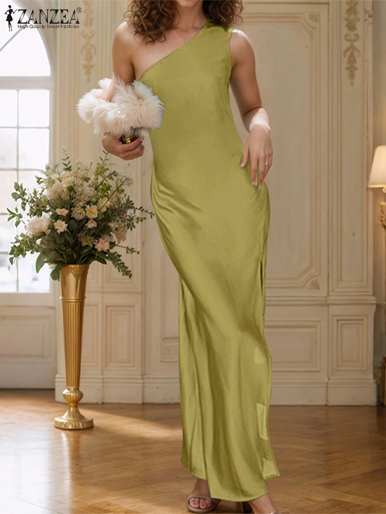 

ZANZEA Women Dress One Shoulder Sleeveless Tank Maxi Vestidos 2025 Summer Evening Party Sundress Vintage Solid Color Robe Femme