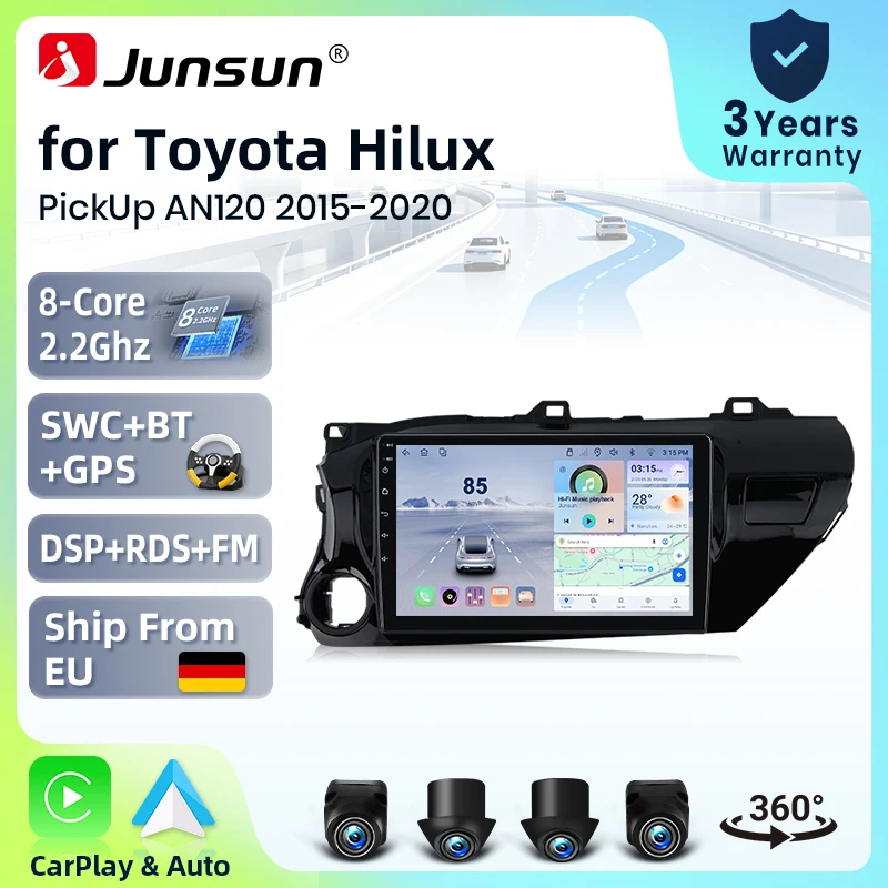Autoradio Junsun 10 pouces pour Toyota Hilux Mk8 AN120 AN130 2015-2023, système stéréo Android 15, caméra 360°, CarPlay sans fil, commande vocale IA, écran tactile IPS, lecteur multimédia intelligent, unité principale 2 Din, GPS, Mirror Link, Bluetooth, RDS, DSP