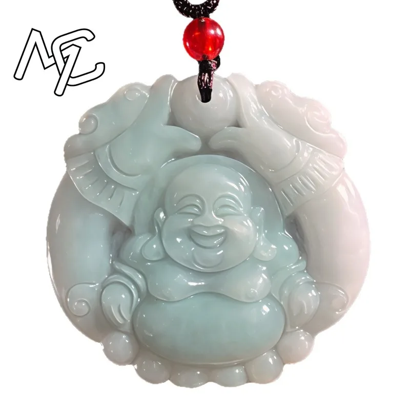 Real Jade Natural Emerald Double Dragon Smiling Buddha Pendant Necklace Carved Charm Jadeite Jewelry Fashion Charm Amulet Gifts view 5