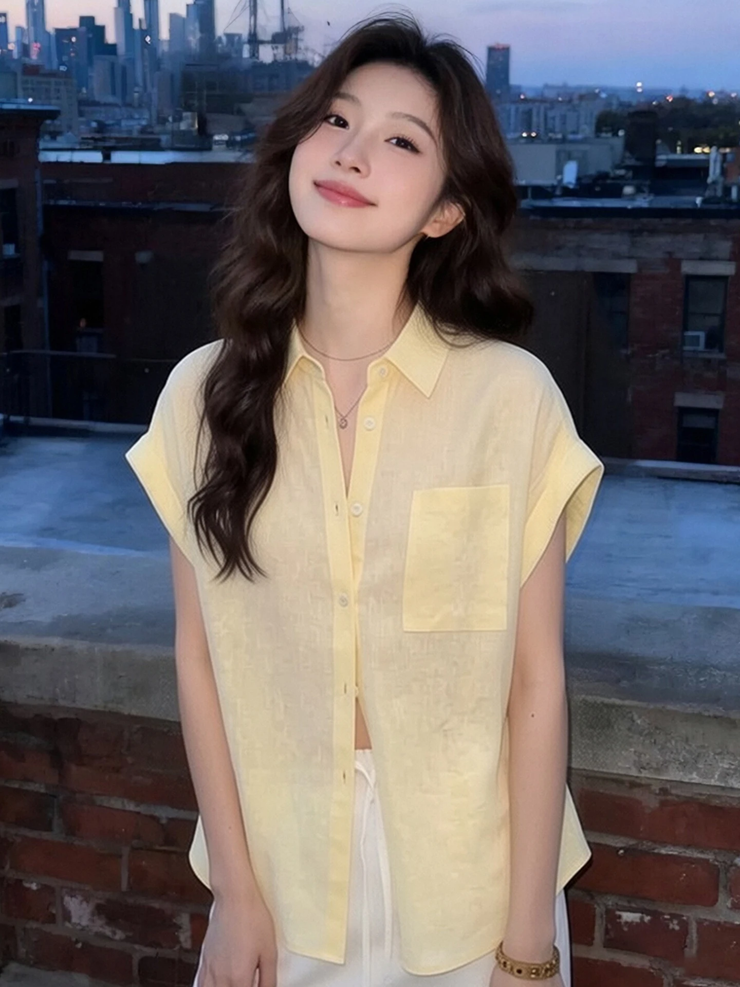 

Yellow Collar Silk Linen Shirt Women Summer Thin Loose Versatile Elegantly Designed Short Sleeve Top for plus Size