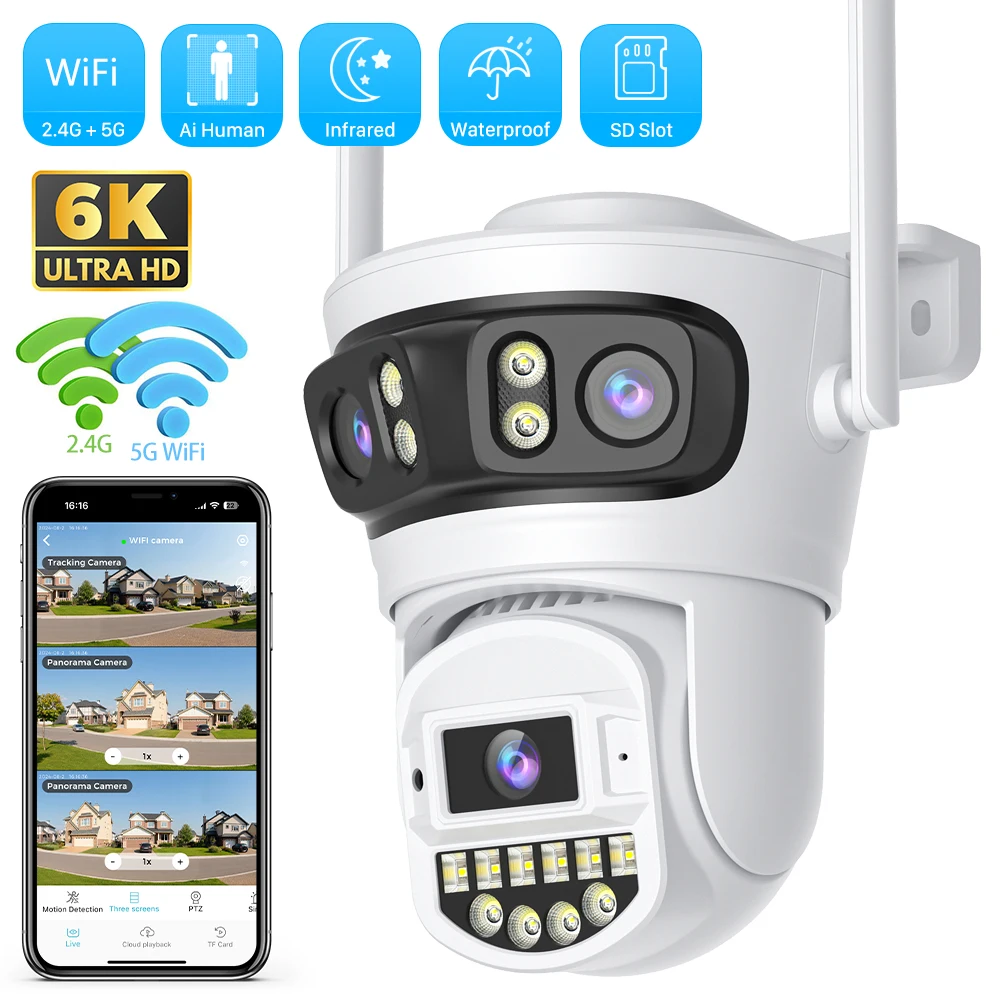 

6K 15MP Outdoor Wifi Camera PTZ Three Lens Dual Screens Video Surveillance 10MP HD Dual Lens CCTV Security IP Camera O-KAM Pro