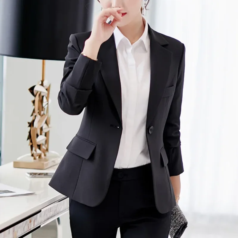 Women Korea Blazer 2024 Formal Slim Black Blazers Office Lady Work Suit Pockets Jackets Coat Female Casual Short Blazer Femme