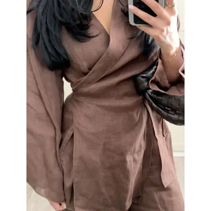 TRAFZA-Kimono بلوزة حزام كارديجان وبنطال مرتفع الخصر مطوي للنساء، طقم قميص بلون ساد، أزياء صيفية، كتان، 2 قطعة أفضل 12 بدلة رياضية نسائية للعشاري مبيعات - No5