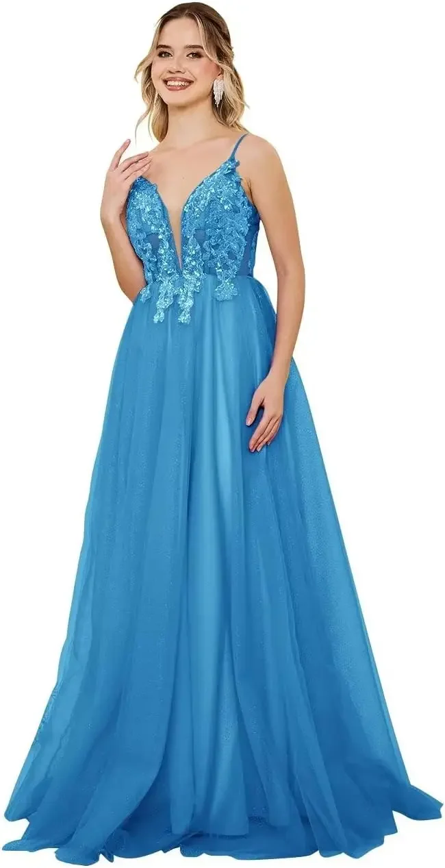 Langes A-Linien-Abendkleid mit tiefem V-Ausschnitt, Tüll-Abschlussballkleider für Damen, Spaghettiträger, lange Ballkleider mit Spitzenapplikationen