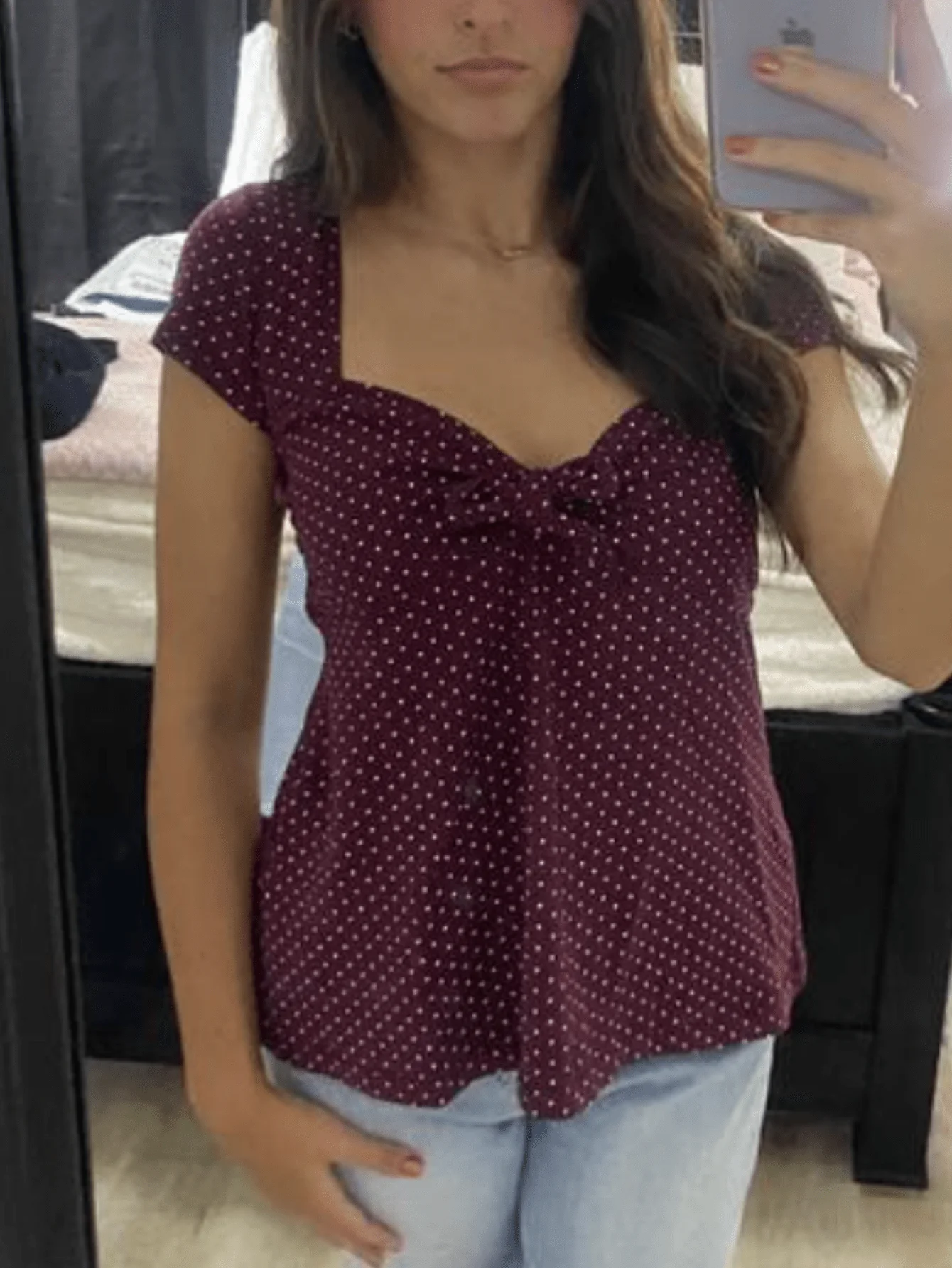 

Women Polka Dot Babydoll Top Square Neck Short Sleeve Bowknot Front Peplum Shirt Summer