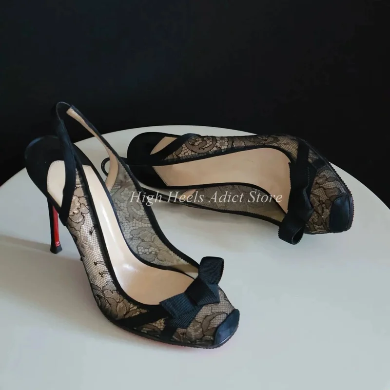 

Hot Chick Black Lace Ballet High Heels Square Toe Bow Sexy Women's Shallow Thin Heels Pumps Luxury Designer Summer Party Shoes