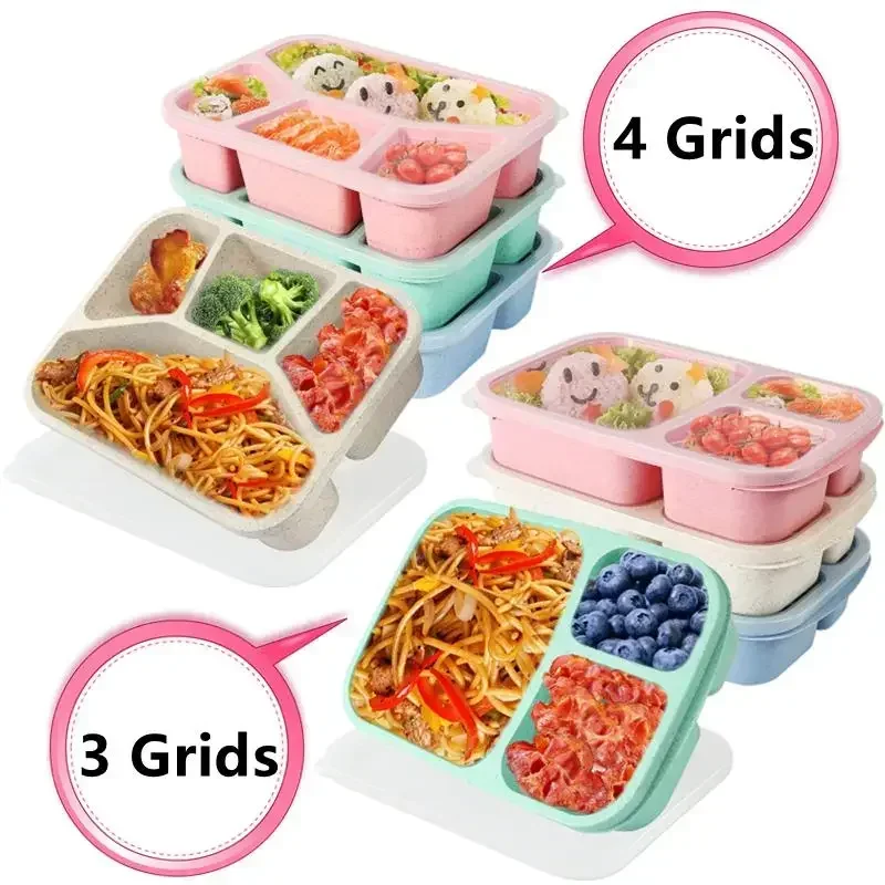 4/3 Grids Bento Box Portable Food Storage Lunchbox Leakproof Food Container Microwave Oven Dinnerware Students Lunch Bag Kids