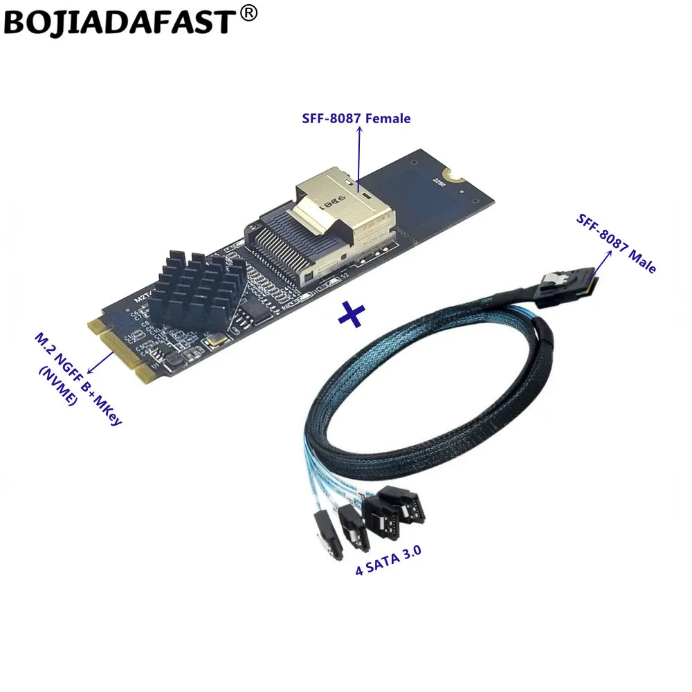 Mini SAS SFF-8087 Connector to NGFF M.2 Key B+M Key-M NVME Interface Adapter Controller Card + 4 * SATA 3.0 Hard Disk Cable 0.7M