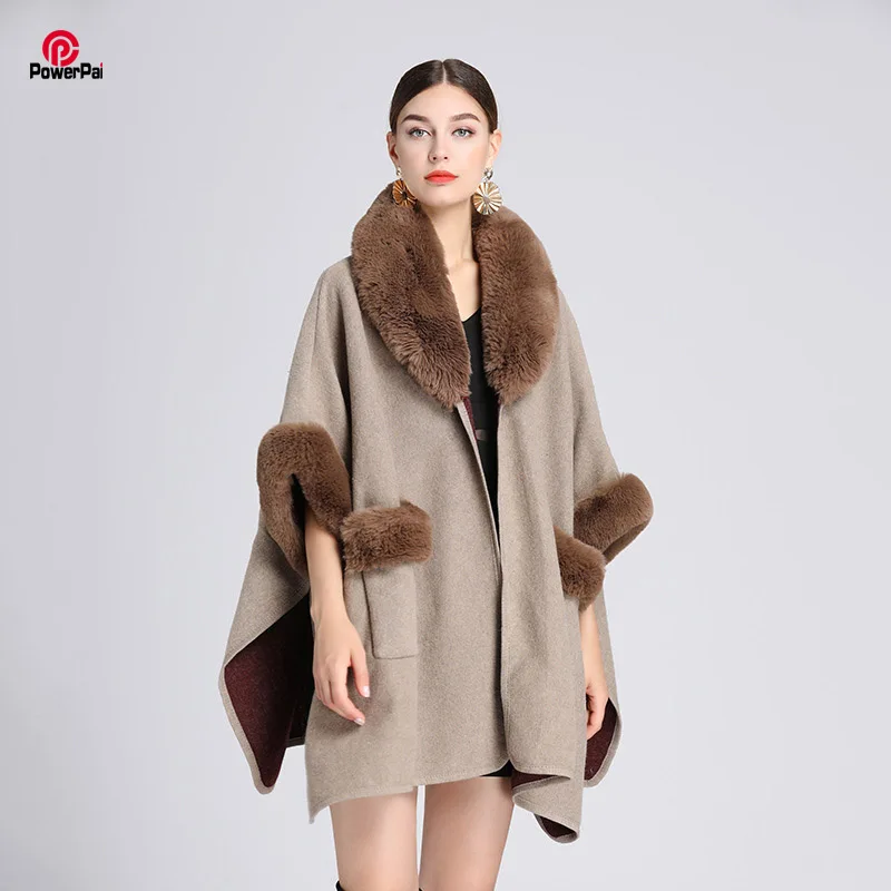 

Fashion V Lapel Pockets Faux Rex Rabbit Fur Coat Cloak Winter Women Wool Blends Cape Outerwear Bat Sleeve Wraps Shawl Long