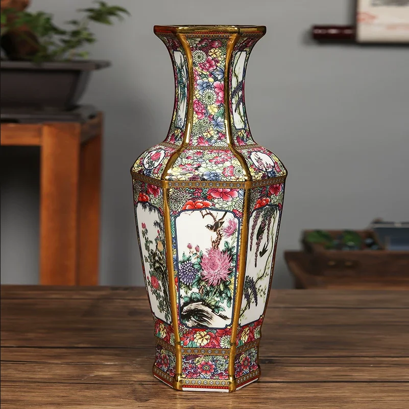 Jingdezhen ceramic vase imitates Qianlong colored hexagonal vase, retro flower arrangement ornament, Chinese antique home decora