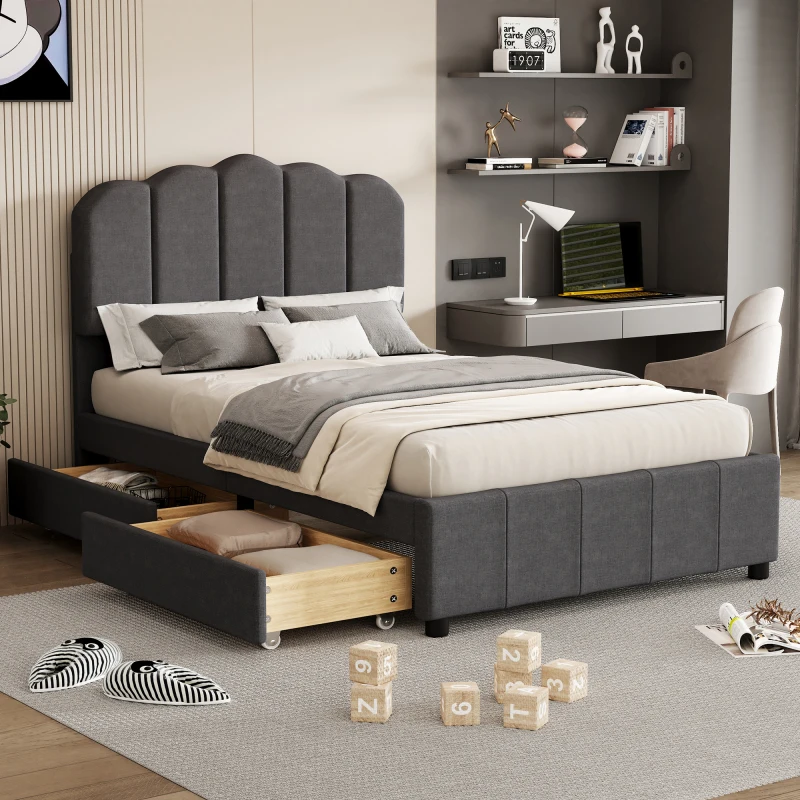 

Twin Size Upholstered Bed with 2 Storage Drawers,Wood Slat Support, Gray