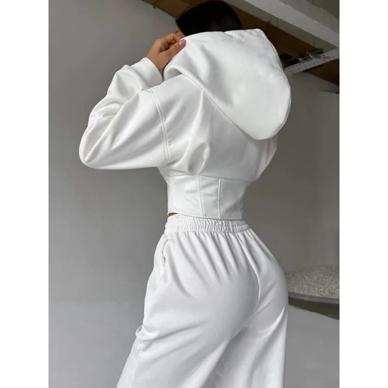 Europese Americanautumn Winter Dameskleding Effen Kleur Taille Capuchon Trui Broek Set Sportbroek Tweedelige set Dames