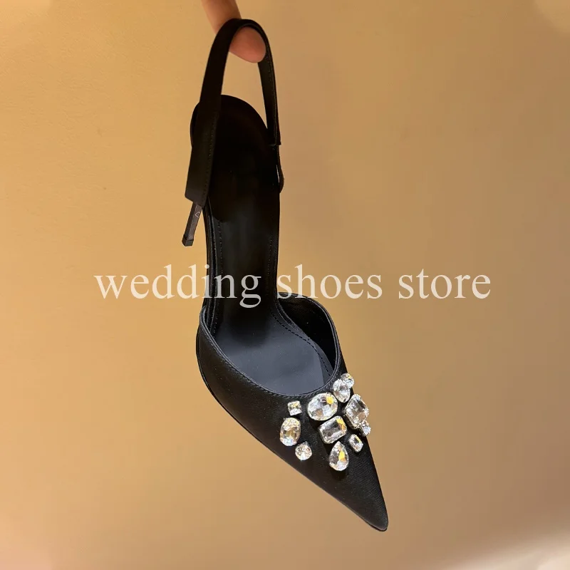 Rhinestone 9.5CM High-heeled Sandals Sexy Women Sheepskin Pointy Back Strap Hollow Summer Elegant Banquet Wedding Single Shoes