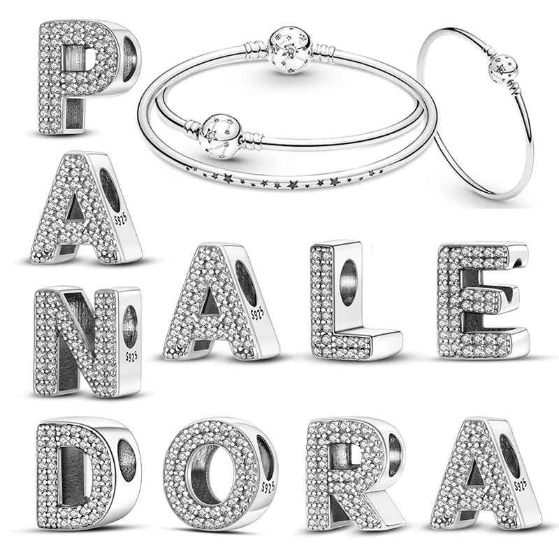 Hot 925 Sterling Silver Charms Beads 26 Letters Amulet Classic Retro Fit Pandora Bracelet Plata De Ley 925 Silver DIY Jewelry