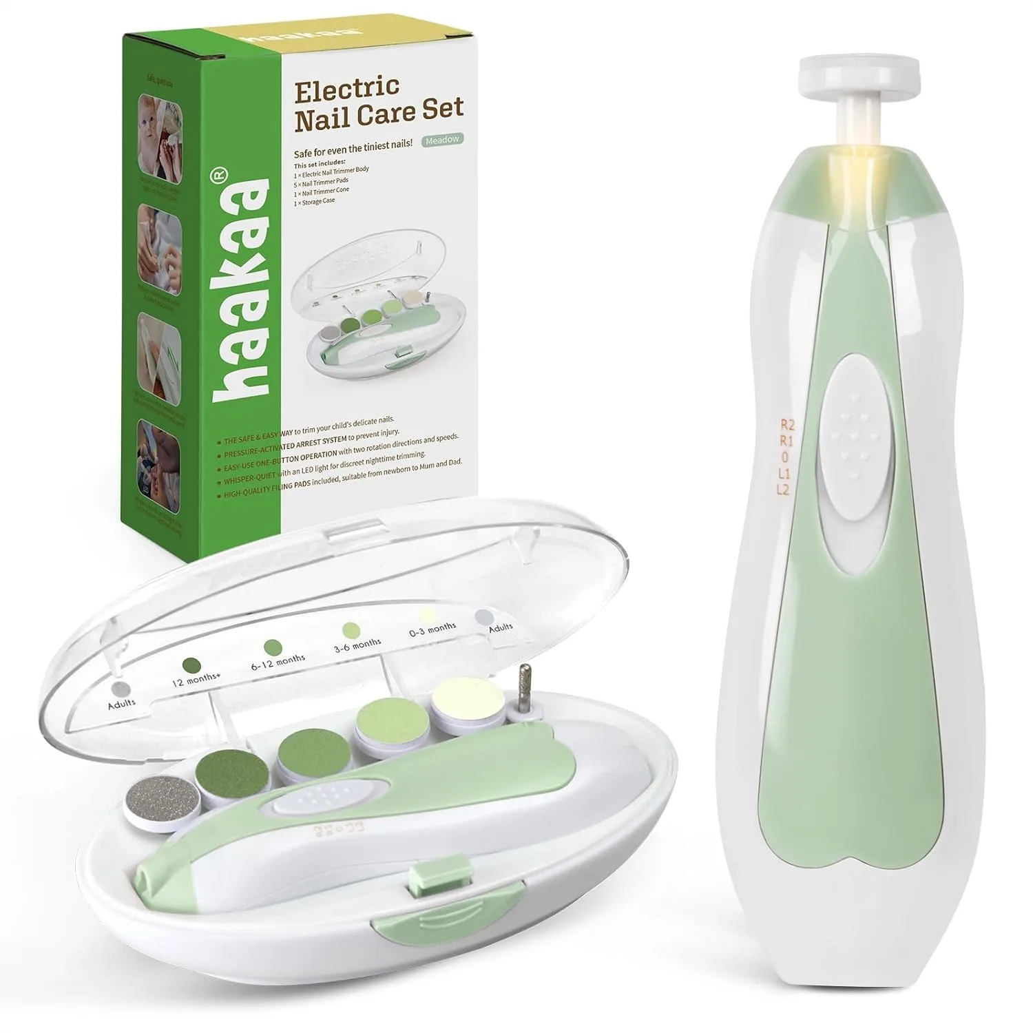 

Electric Baby Nail File with LED Light for Newborns and Infants, Safe Nail Care Kit with 6 Replacement Heads & Storage Case