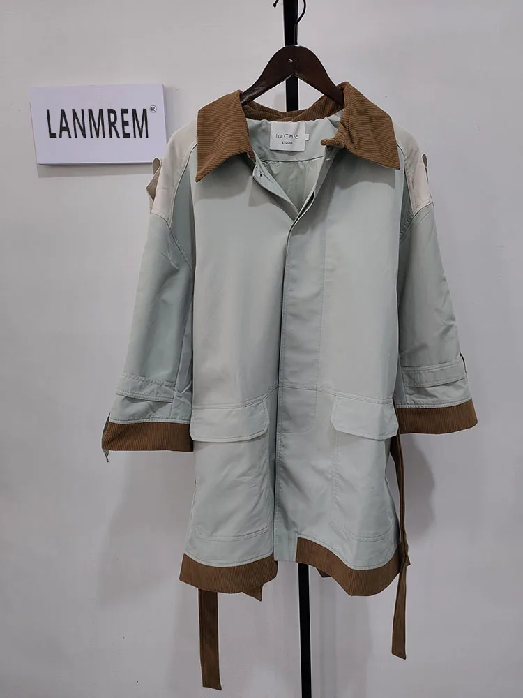 LANMREM Trench Coat Women Mid-length 2024 Spring Loose British Style Color Block Lapel Single Breasted Belt Windbreaker 2R7807