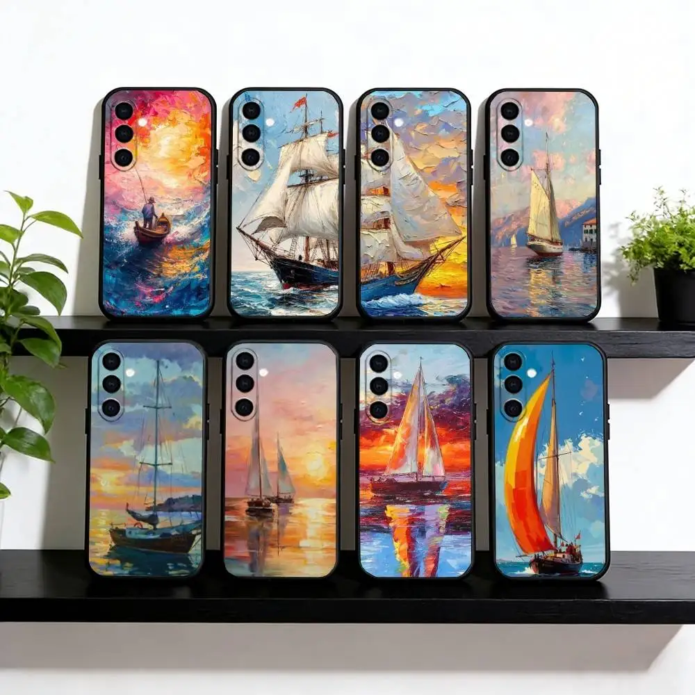 Oil painting sailboat Phone Case For Samsung Galaxy A73,A72,A71,A70,A53,A52,A51,Soft Silicone Black Cover