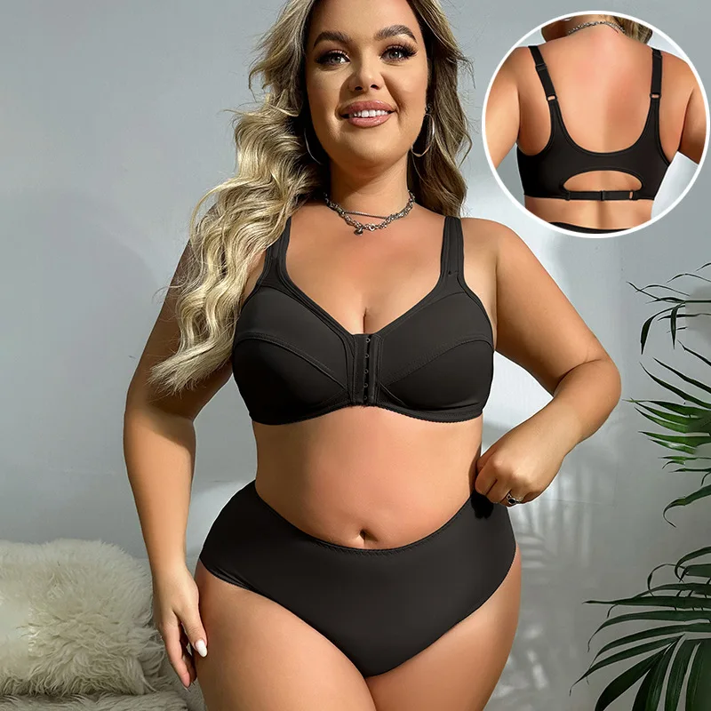 

Women's large-size bra set, no steel ring, no trace, front buckle underwear, mid-waist comfortable large-size underwear.