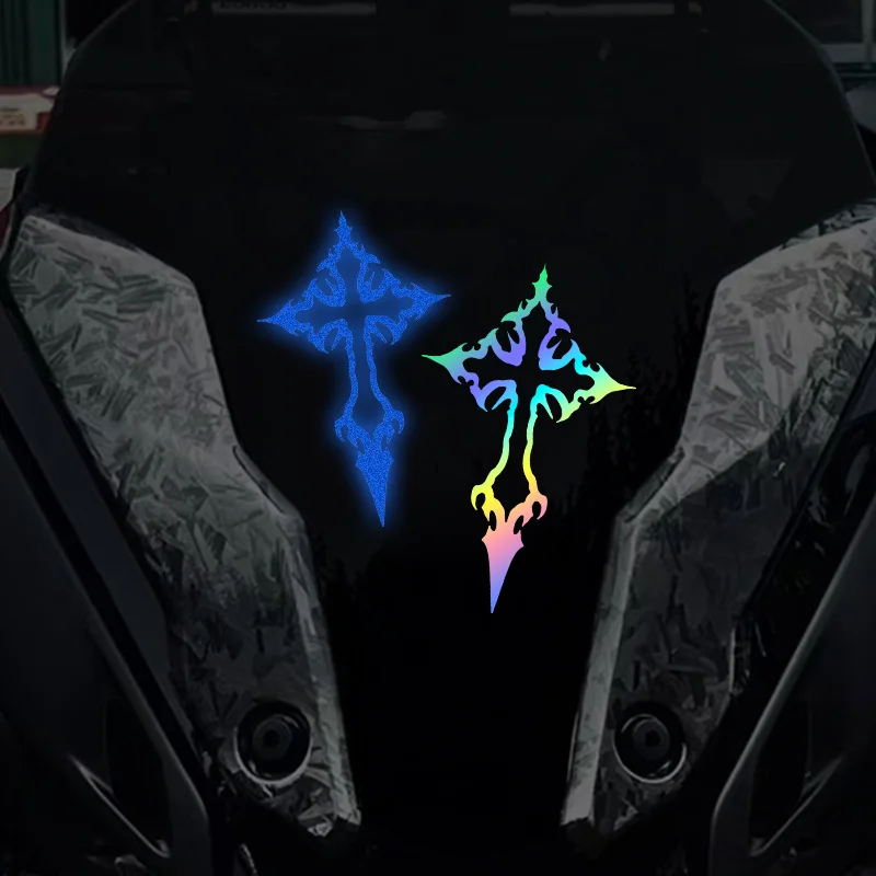 2PCS Holographic Cross Vinyl Sticker Waterproof Motorcycle Decal For Helmet Tank Fairing Bike Biker Decoration