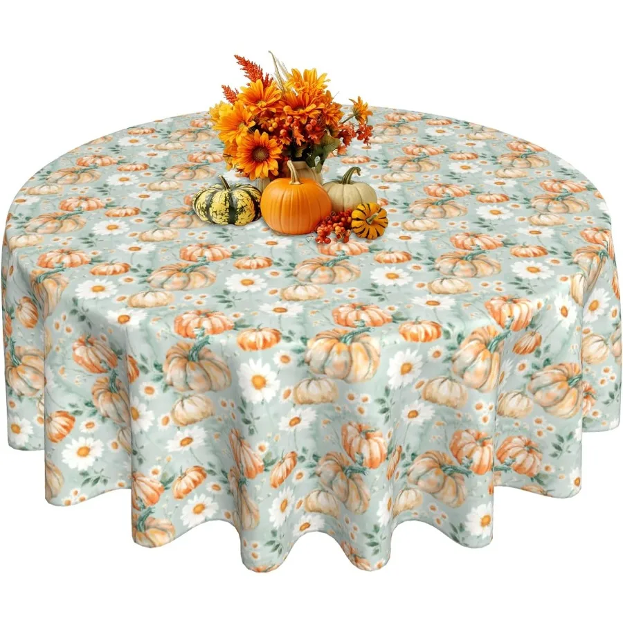 Fall Round Tablecloth 60 Inch Pumpkin Daisy Pattern Waterproof Dining Table Cover for Autumn Thanksgiving Heat Resistant Kitche