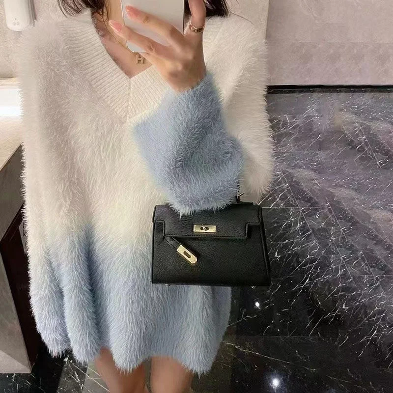 Hsa 2023 New Cute Women's Gradient Contrast Color Pullovers Knitted Loose Retro Soft Glutinous Lazy Style Mohair Sweater Tops