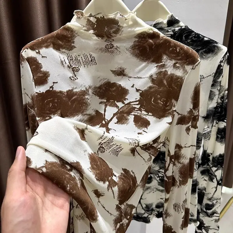 Camiseta de manga larga de malla para mujer, camiseta fina de tul con cuello medio alto, camiseta de moda para primavera y ot...