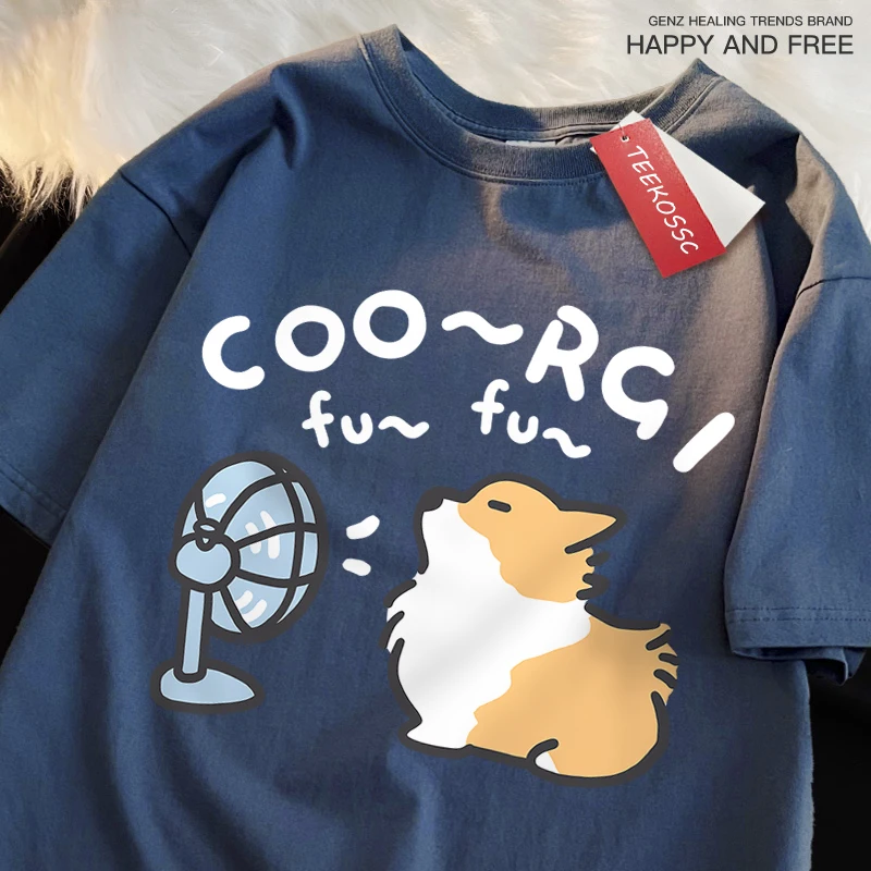 Wind bläst Corgi Hund Spaß T-Shirts Männer Frauen Marke lose lässige Kurzarm Sommer T-Shirt weiche atmungsaktive Baumwolle Marke Tops