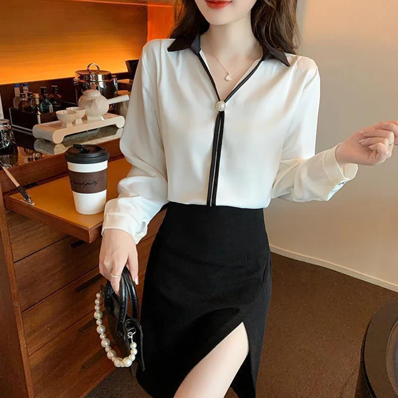 Rimocy New Elegant Blouses For Women 2024 Temperament V Neck Chiffon Shirt Top Woman Long Sleeve Pearls Commuter Blouse Mujer