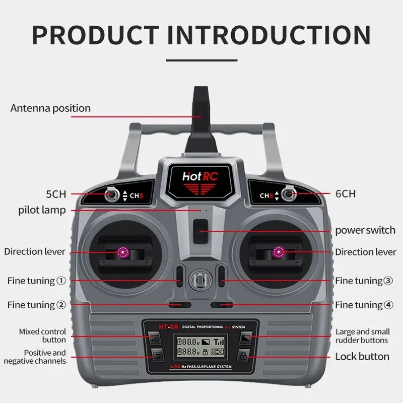 HOTRC HT-6A 2.4G 6CH  Transmitter FHSS 6CH F-06A Mode2 Left/Right Hand 6 Channel