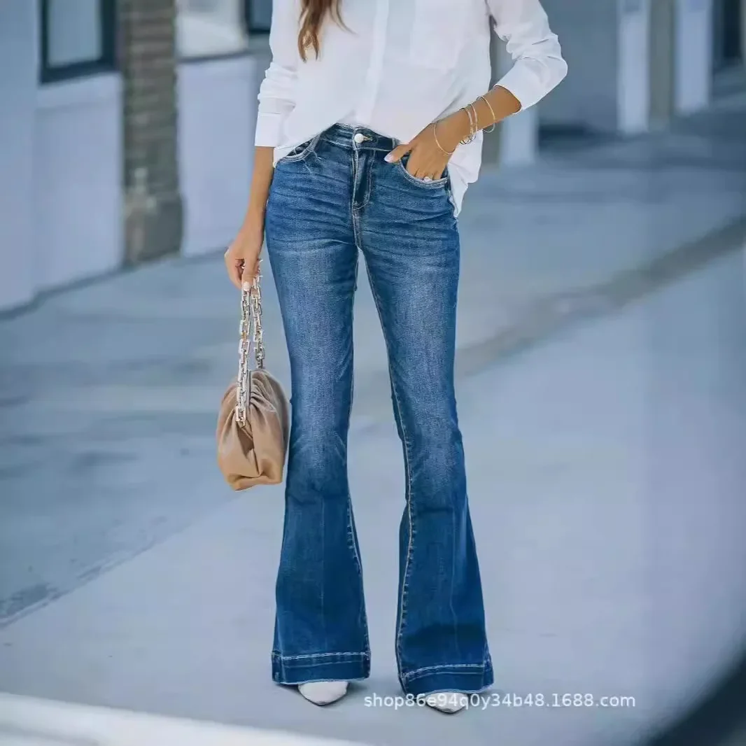 

Jeans Flare Pants Women Streetwear Denims Mid Waist High Strecth Pockets Washed Distressed Trousers 2025 Vintage Basics Boot Cut