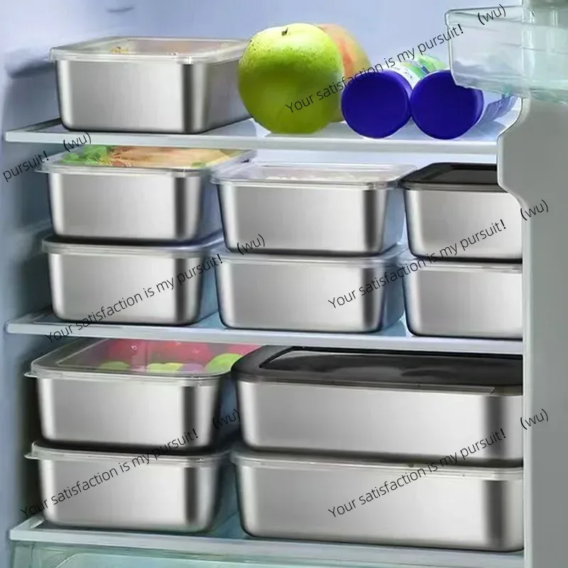 

Stainless Steel Food Storage Container Rectangle Dish With Cover Noodles Fruit Tray Lunch Box Thick Refrigerator Organizer Plate