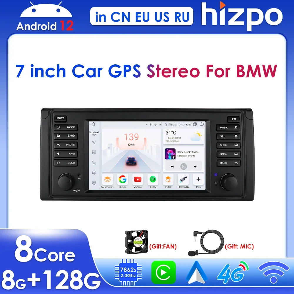 

Hizpo Wireless Carplay for BMW 5 Series X5 E39 E53 1996-2007 Android 12 7" Radio Car Multimedia Player GPS Navigation Stereo RDS