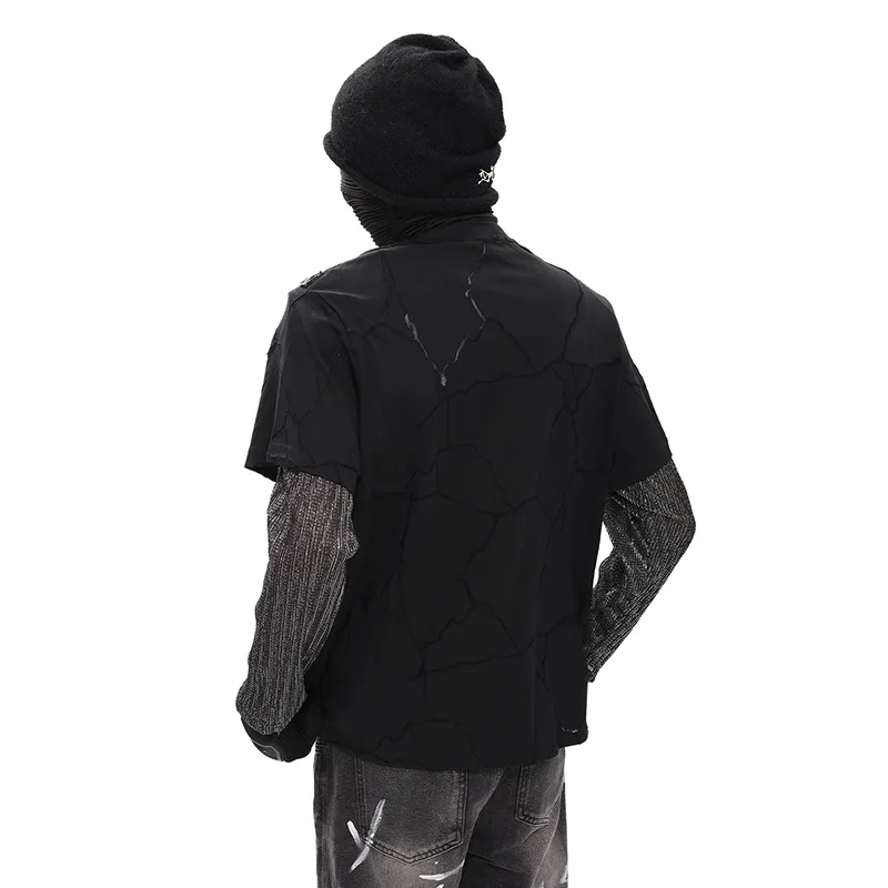 MWJLPWQ Deconstructed Design Texture Fake Two-Piece T-Shirt Men's Long Sleeve High-End Metal Zipper Pullover Casual Tops 11463