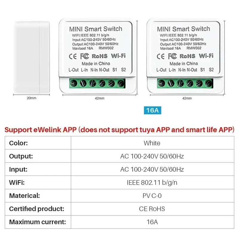 WiFi Smart Light Switch Module Relay 16A/20A 2-Way Control Breaker Home Remote APP & Voice Control AC100-240V Alexa Google Alice