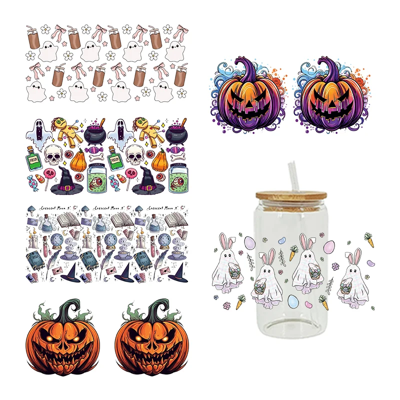 3D UV DTF Halloween Jack o 'Lantern Printed Transfers Stickers 16oz Cup Wraps For DIY Glass Ceramic Metal Leather Etc. D18584